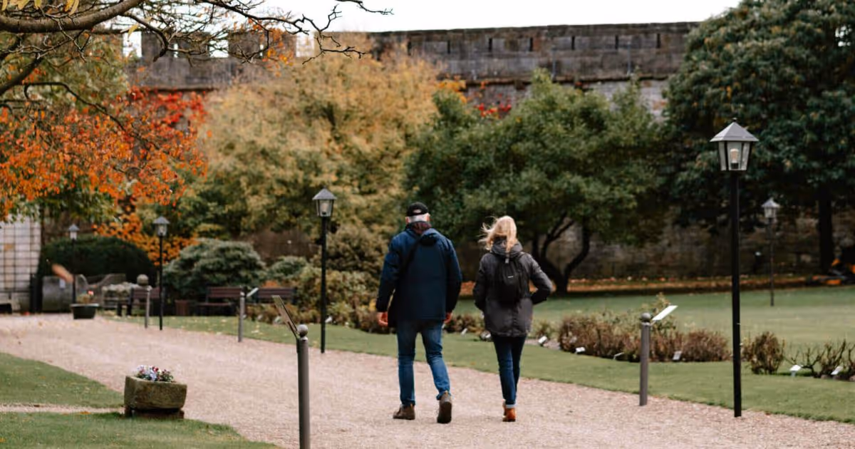 Zwei Personen spazieren im Herbst durch einen Park mit bunten Bäumen
