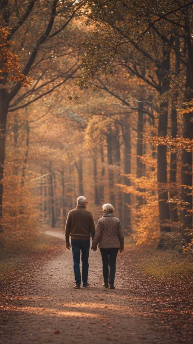 Zwei ältere Menschen spazieren Hand in Hand durch einen herbstlichen Wald