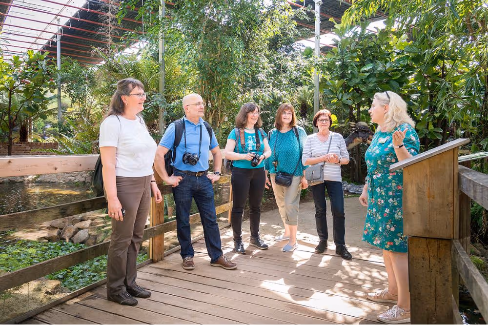 Seniorengruppe auf Holzsteg in üppiger Gewächshauslandschaft