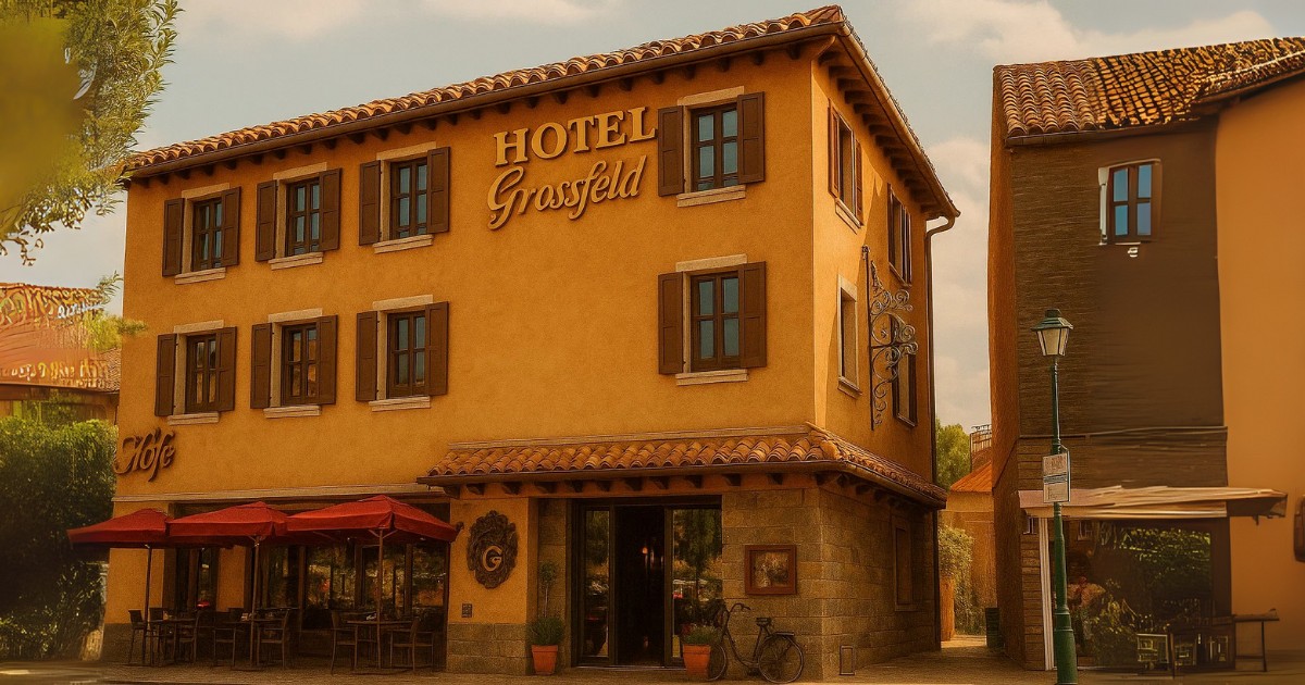 Gelbes Hotel Grossfeld mit roten Sonnenschirmen und klassischer Architektur