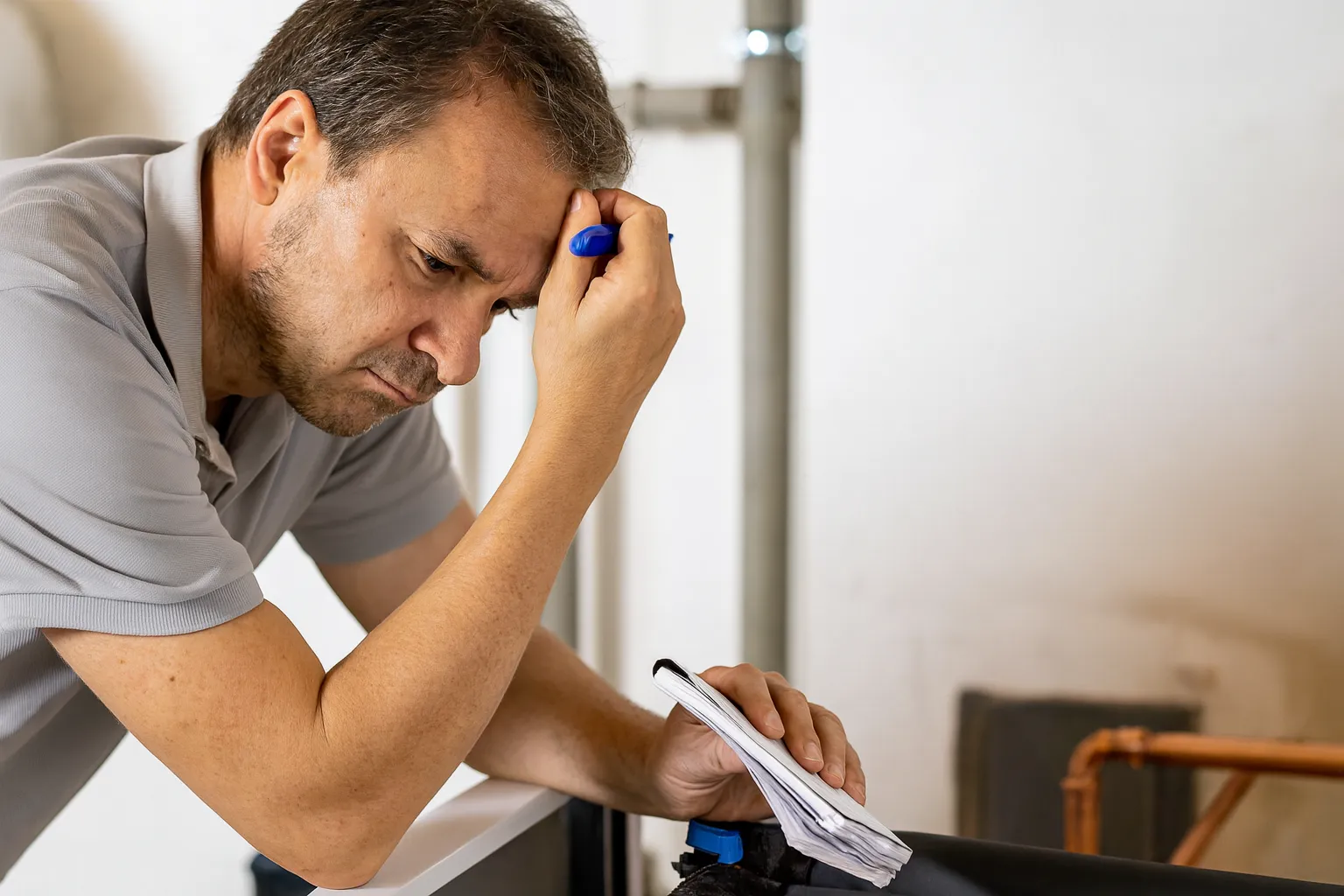 Nachdenklicher Mann liest und hält einen blauen Stift, während er sich auf einen Tisch stützt.