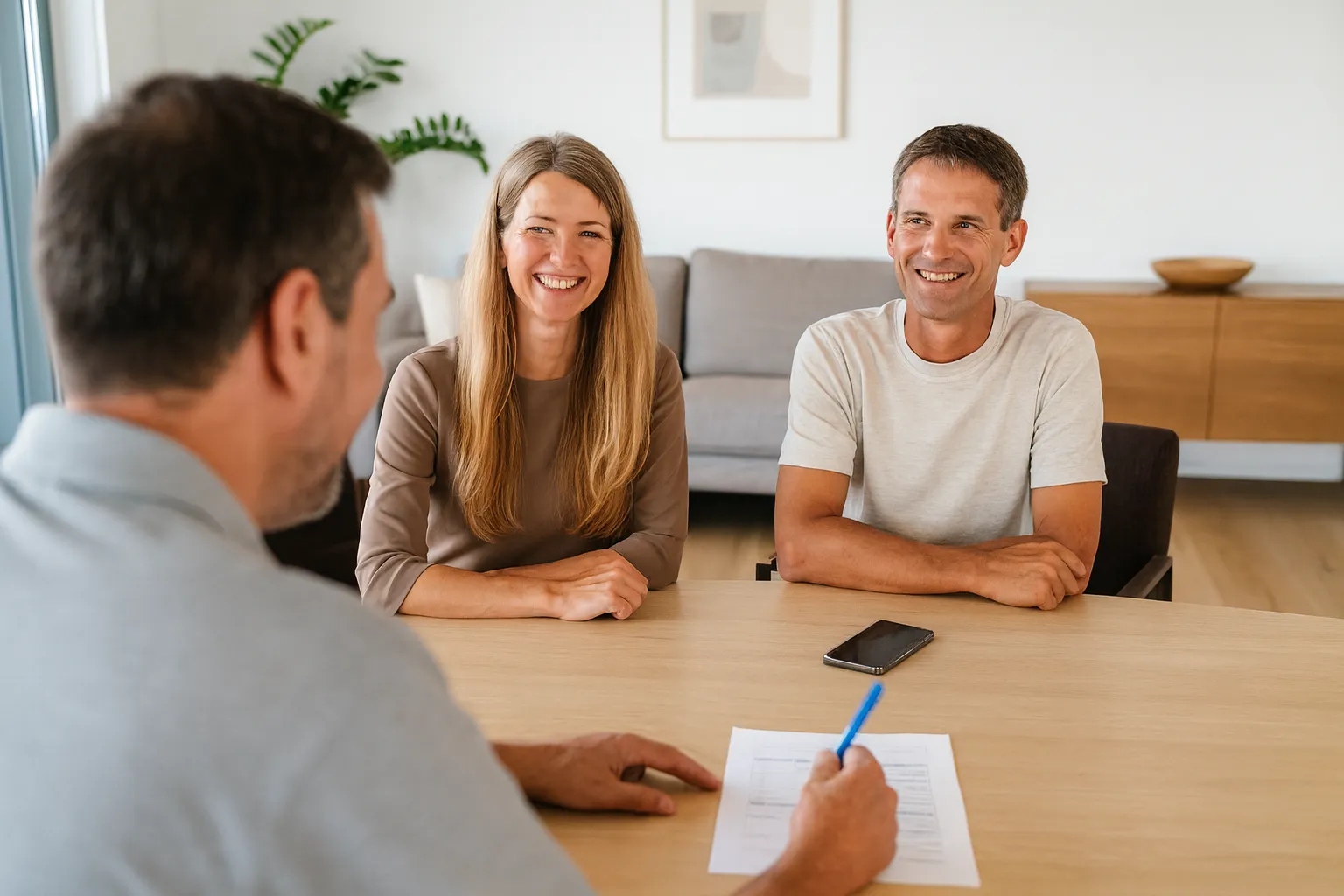 Ein lächelndes Paar sitzt gegenüber einem Mann, der ein Dokument mit einem Stift auf einem Tisch unterschreibt.