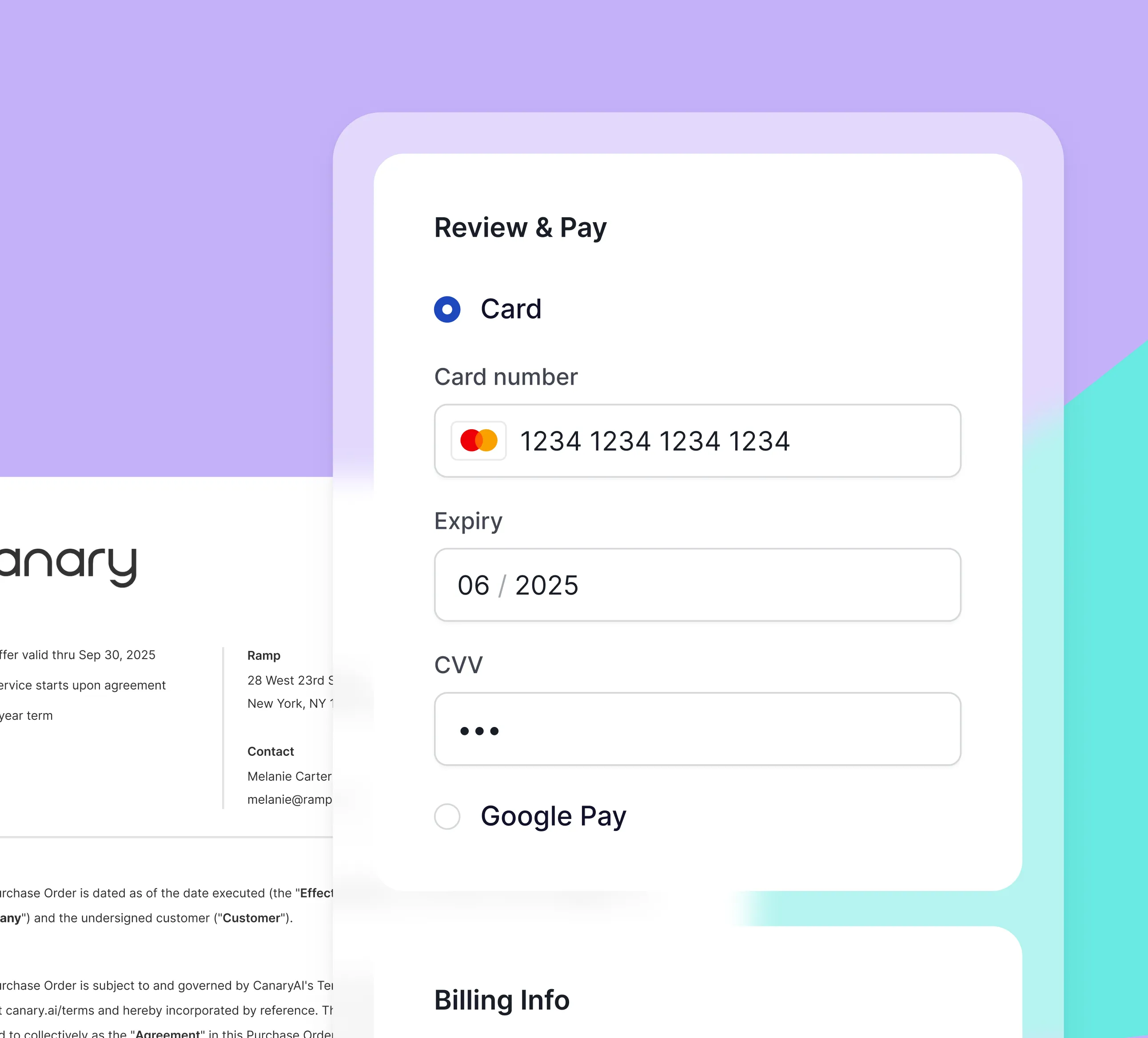 Online payment form displaying card payment option with Mastercard number, expiry date 06/2025, CVV input, and alternative Google Pay option.