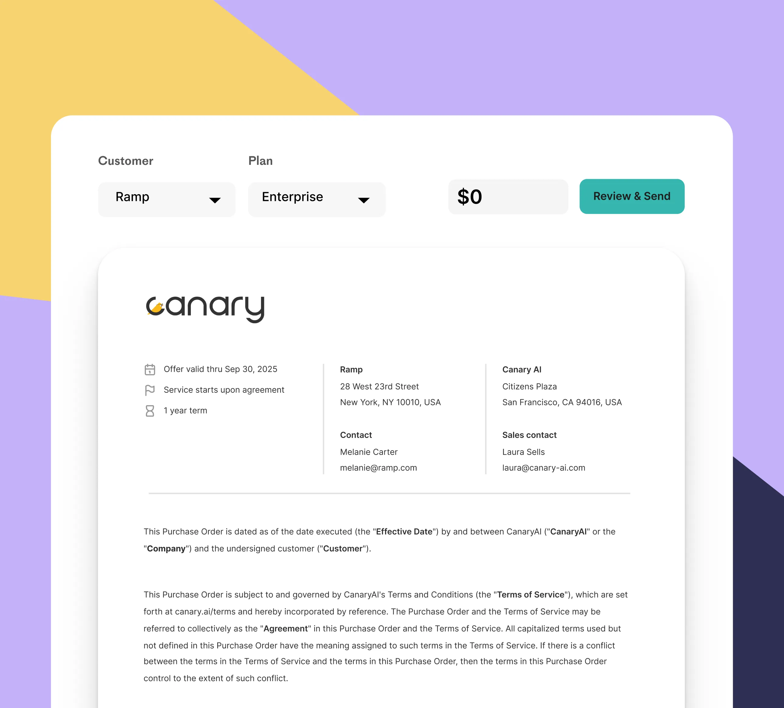 Screenshot of a purchase order form for Canary AI, showing customer Ramp with Enterprise plan selected, $0 price, and review & send button. The order includes addresses and contact details for Ramp and Canary AI, plus terms and conditions text.