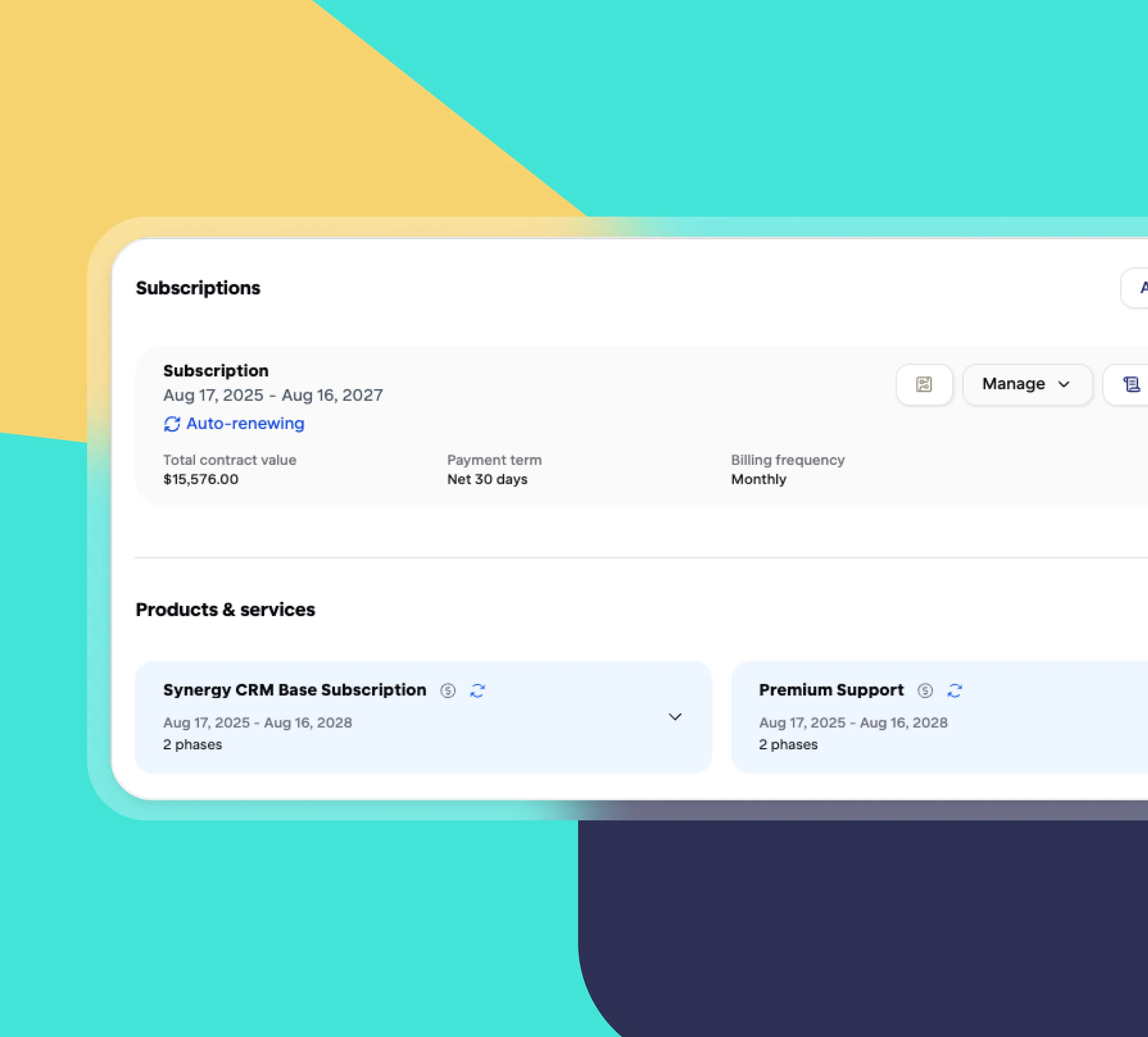 Subscription details showing auto-renewing contract from Aug 17, 2025 to Aug 16, 2027, total value $15,576, monthly billing, with Synergy CRM Base Subscription and Premium Support listed under products and services.