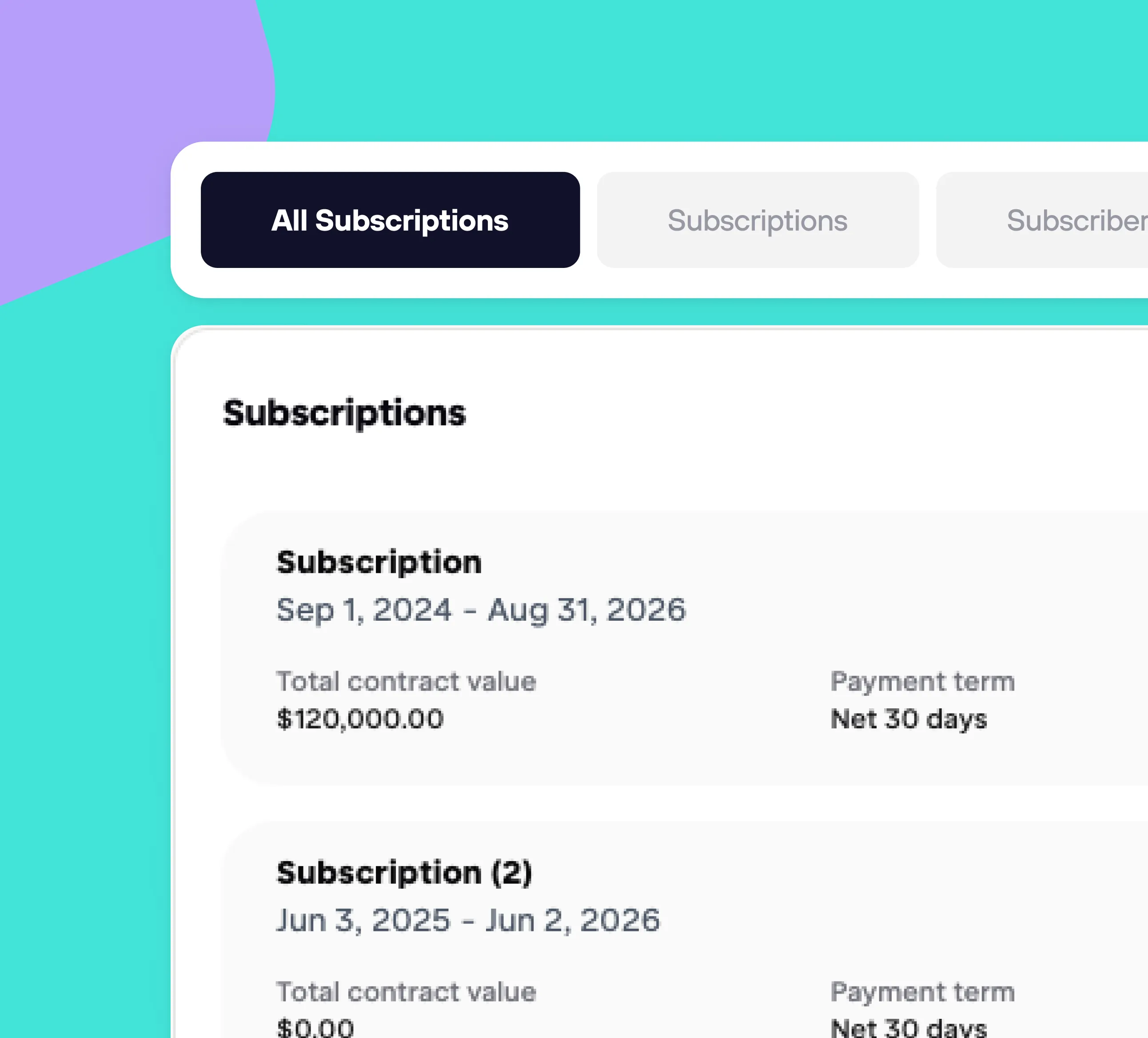 Subscription management interface showing two subscriptions with dates, contract values, and payment terms.