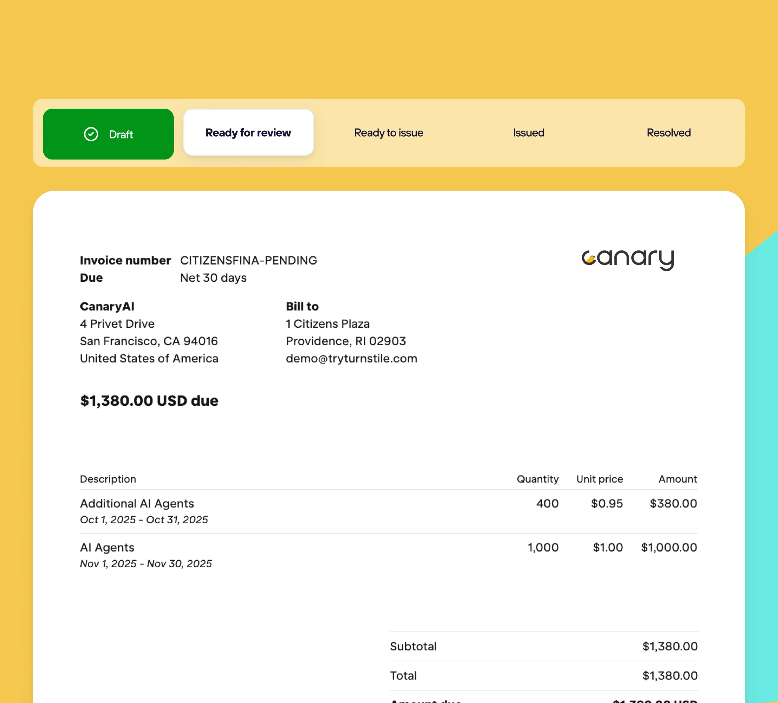 Invoice from CanaryAI showing due amount $1,380.00 USD for Additional AI Agents and AI Agents with billing and shipping addresses.