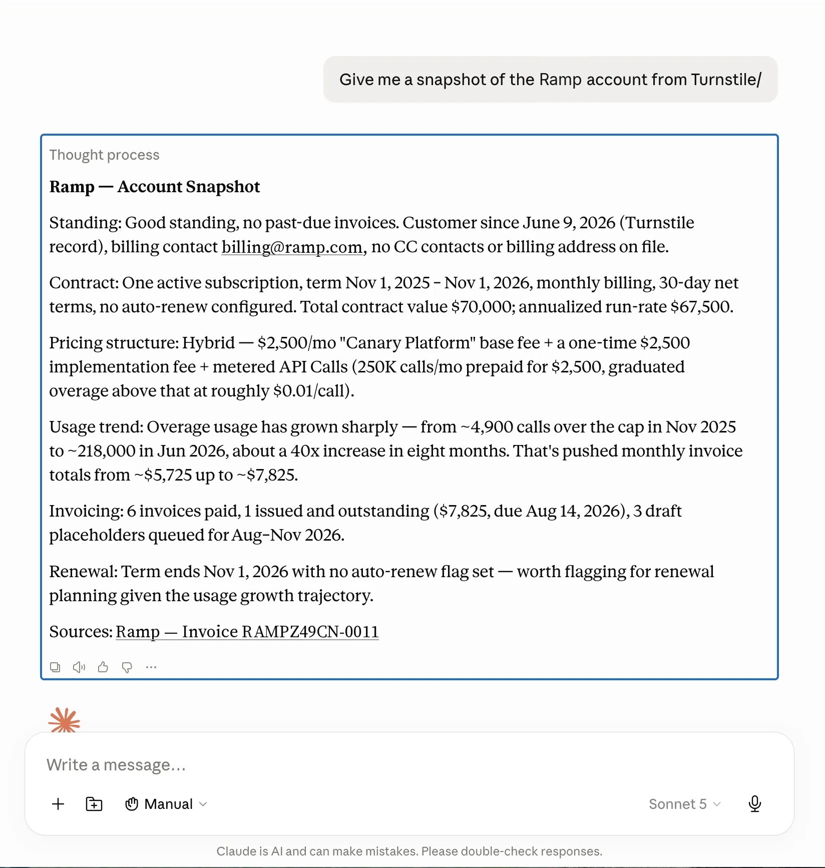 Claude AI interface showing a Ramp expense snapshot