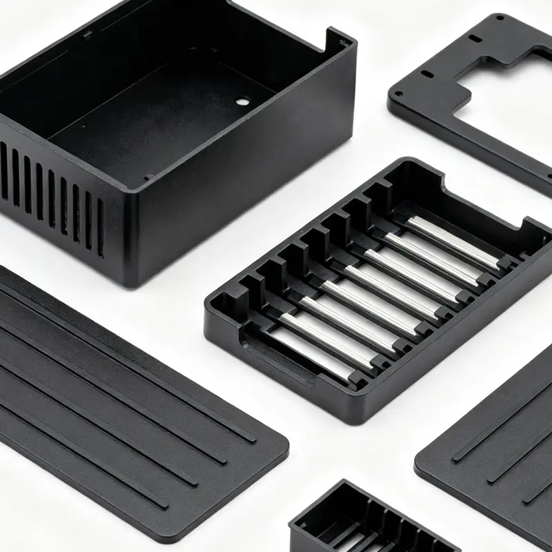 Schwarze Kunststoffteile und Metallstangen eines zerlegten Elektronikgehäuses auf weißem Hintergrund.