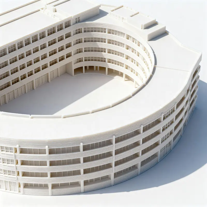 Weißes architektonisches 3D-Modell eines halbkreisförmigen mehrstöckigen Gebäudes mit zahlreichen Fenstern und Säulen.