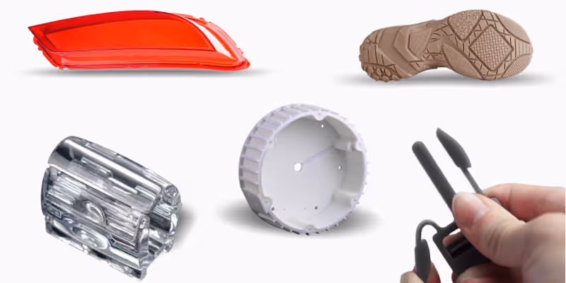 Fünf verschiedene technische Bauteile auf weißem Hintergrund, darunter ein rotes Kunststoffteil, eine braune Schuhsohle, ein transparentes Teil, ein rundes weißes Gehäuse und eine Hand, die schwarze Kabel hält.