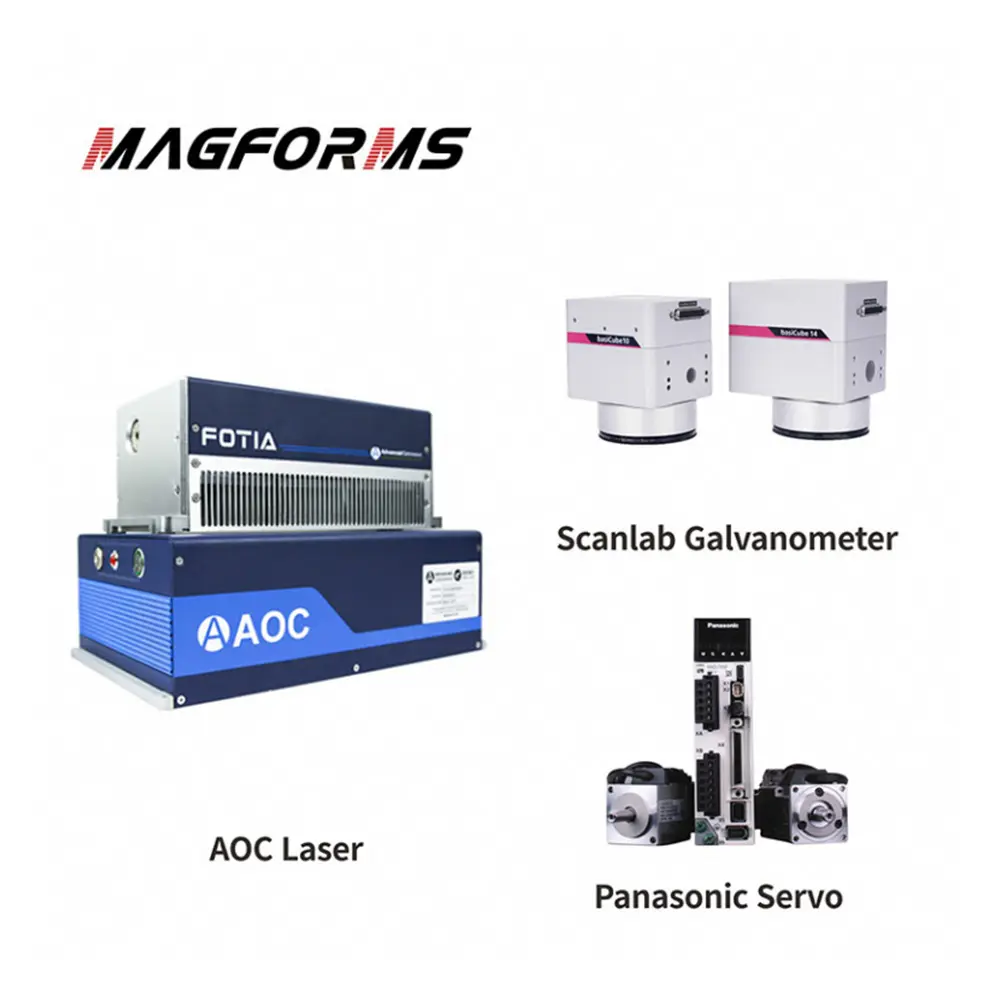 MAGFORMS Logo mit Bild von AOC Laser, Scanlab Galvanometer und Panasonic Servo Geräten.