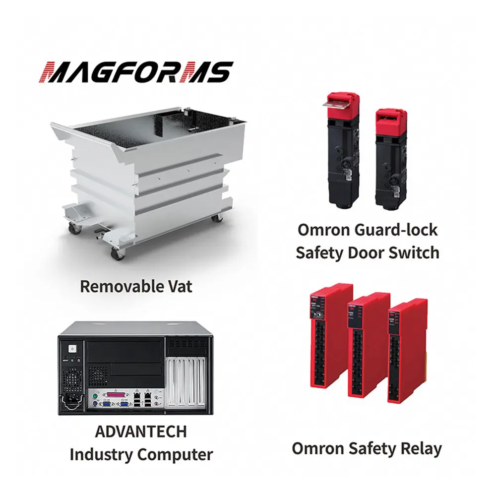 MAGFORMS mit abnehmbarem Behälter, Omron Guard-lock Sicherheitsschalter, ADVANTECH Industriecomputer und Omron Sicherheitsrelais.
