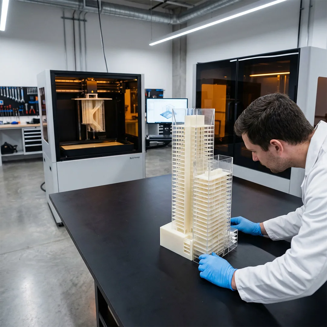 Ein Mann mit blauen Handschuhen inspiziert ein detailliertes architektonisches Modell mehrerer Hochhäuser in einem Labor mit 3D-Druckern im Hintergrund.
