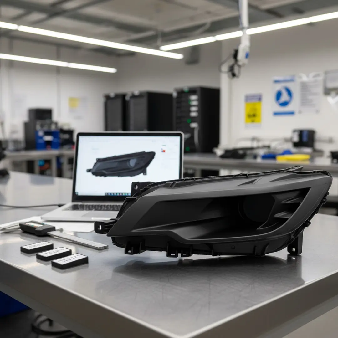 Ein schwarzes Autolichtgehäuse auf einem Metalltisch vor einem Laptop mit der digitalen Darstellung desselben Teils in einem technischen Arbeitsumfeld.