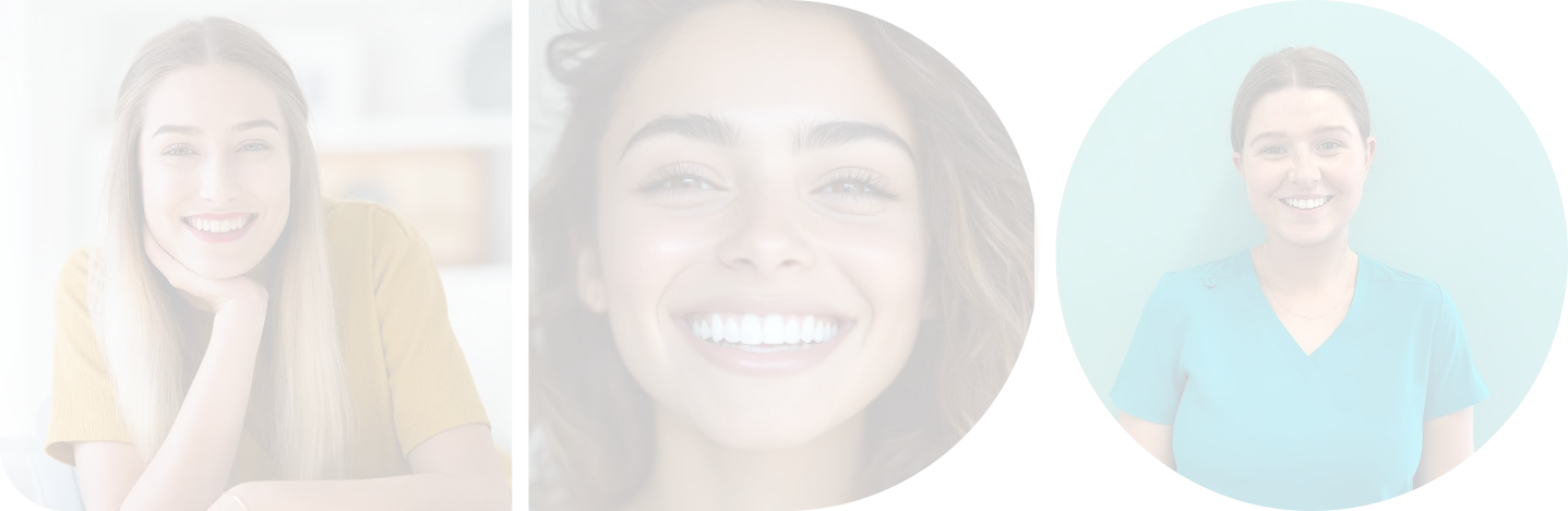Three smiling women, one with long blonde hair wearing a mustard shirt, one with curly brown hair in a close-up, and one in blue scrubs against a turquoise background.
