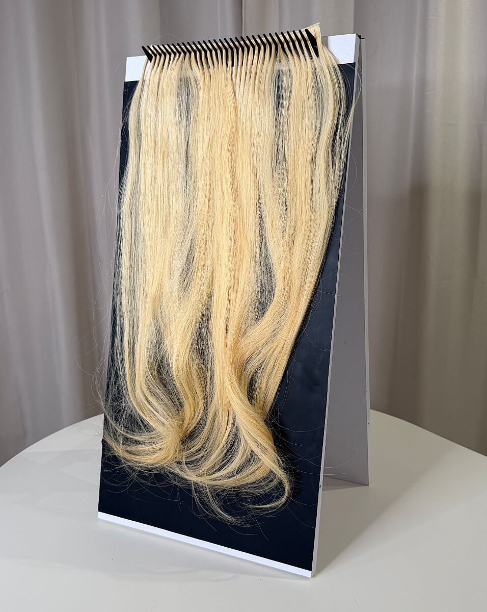 Long blonde hair extensions hanging on a black display stand on a white table.