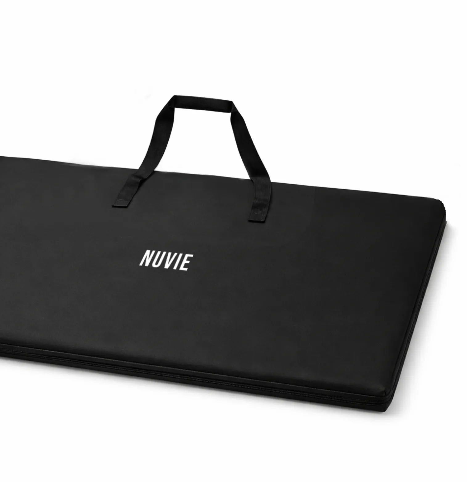 Black rectangular carrying case with handles and the word NUVIE printed on it.