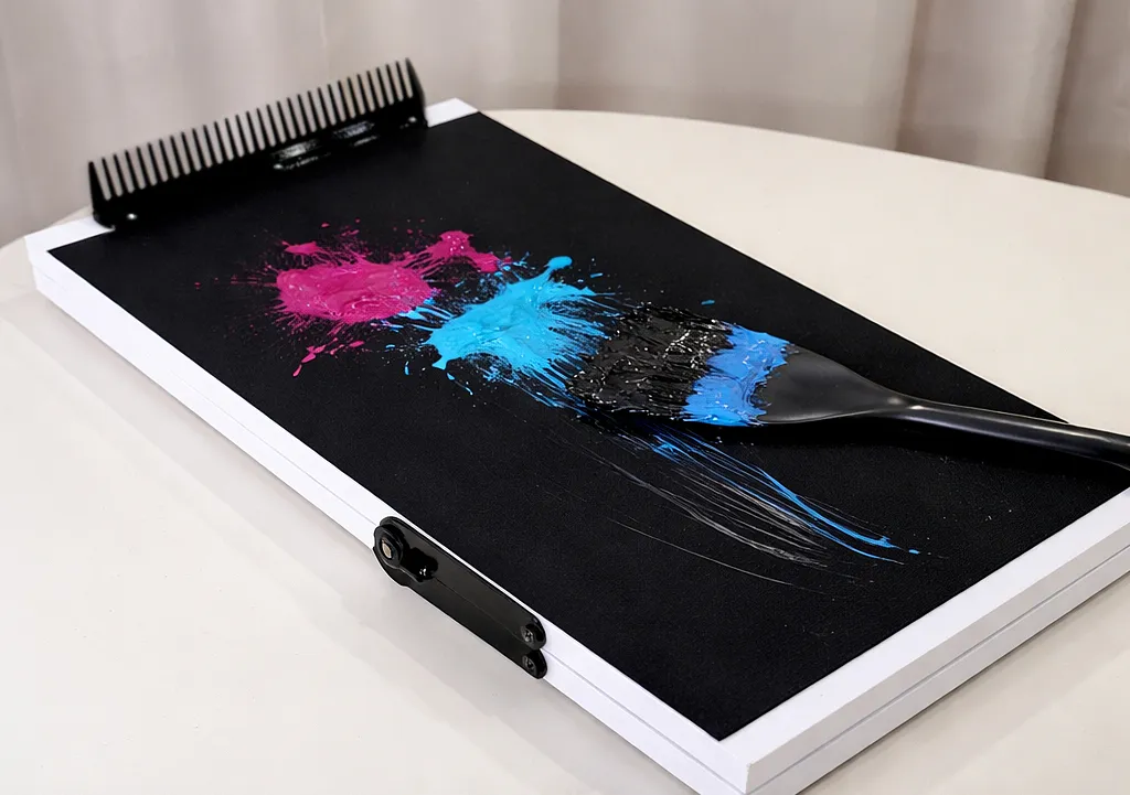 Studio black mixing palette with pink and blue paint blobs, a brush with black and blue paint, and a hair coloring comb on a white table.
