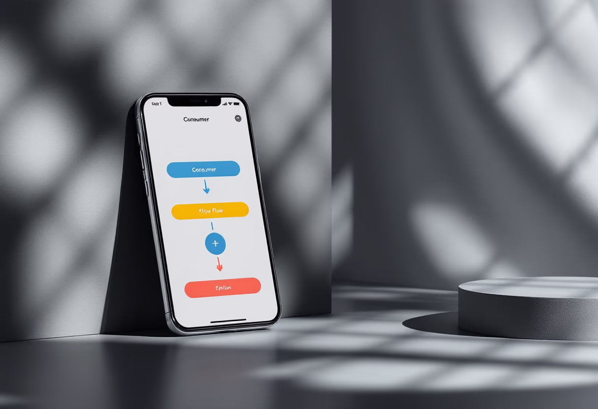[interface] graphic design of app flow diagram (for a consumer apps) displayed on a mobile device