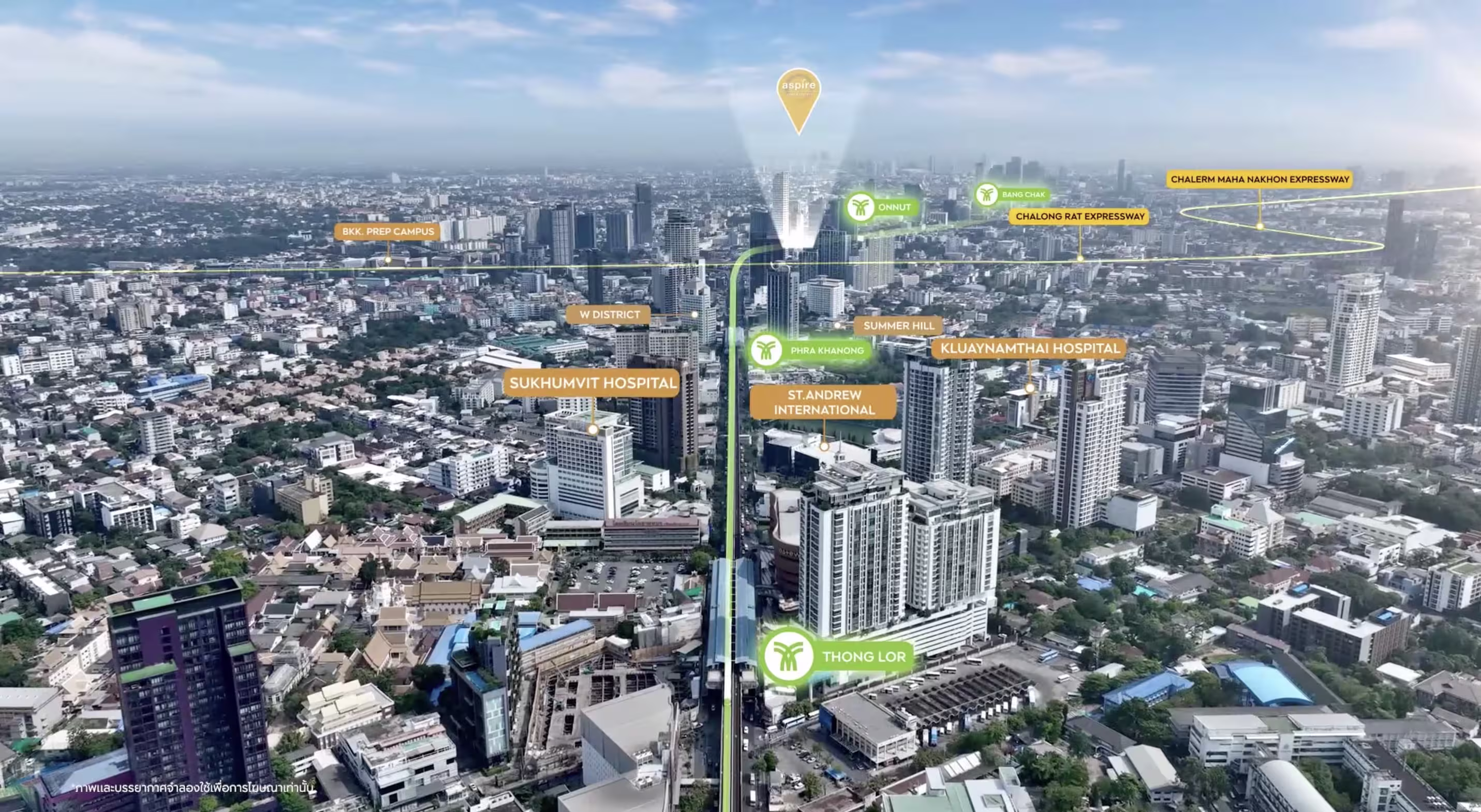 Aerial map of On Nut Bangkok with BTS Skytrain line and essential locations pinpointed around Aspire On Nut Station