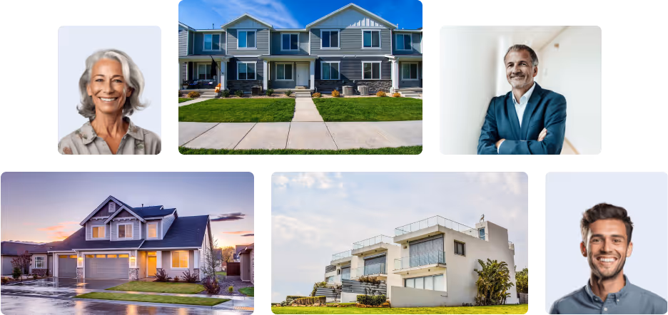 Mehrere Bilder von Immobilien und Menschen