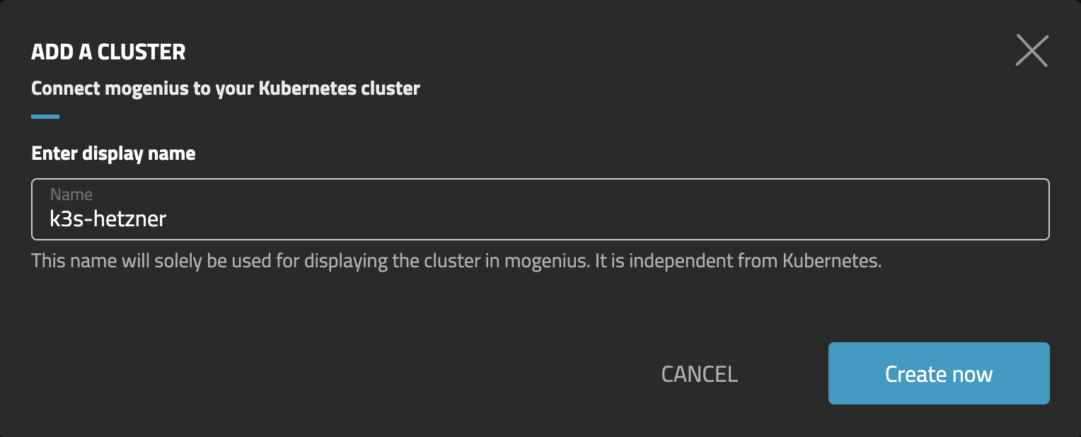 Enter display name to add a cluster