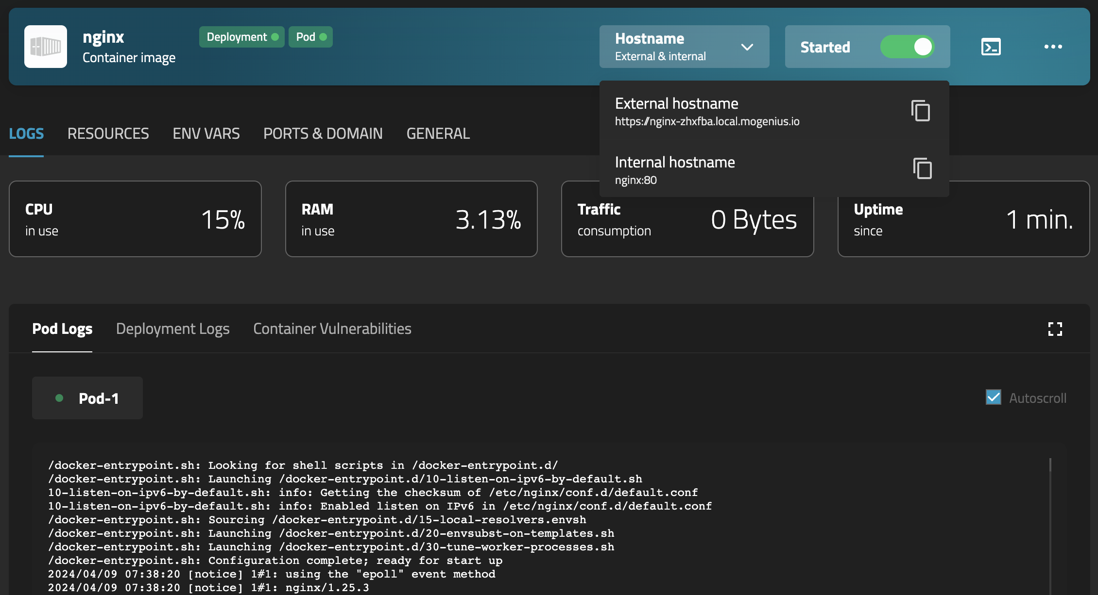 Deployment overview in mogenius