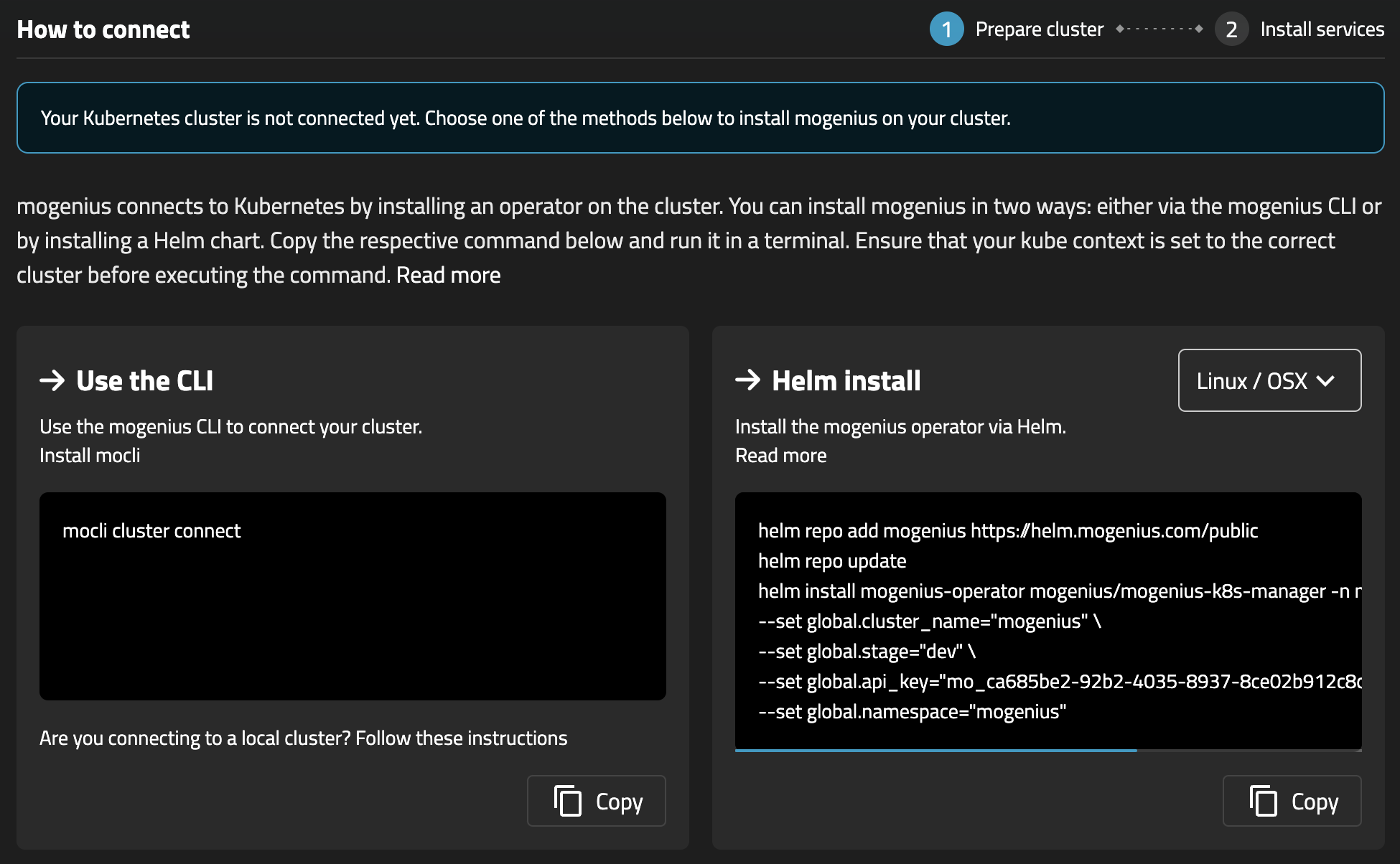 Installation of the mogenius operator using a CLI command or a Helm chart.