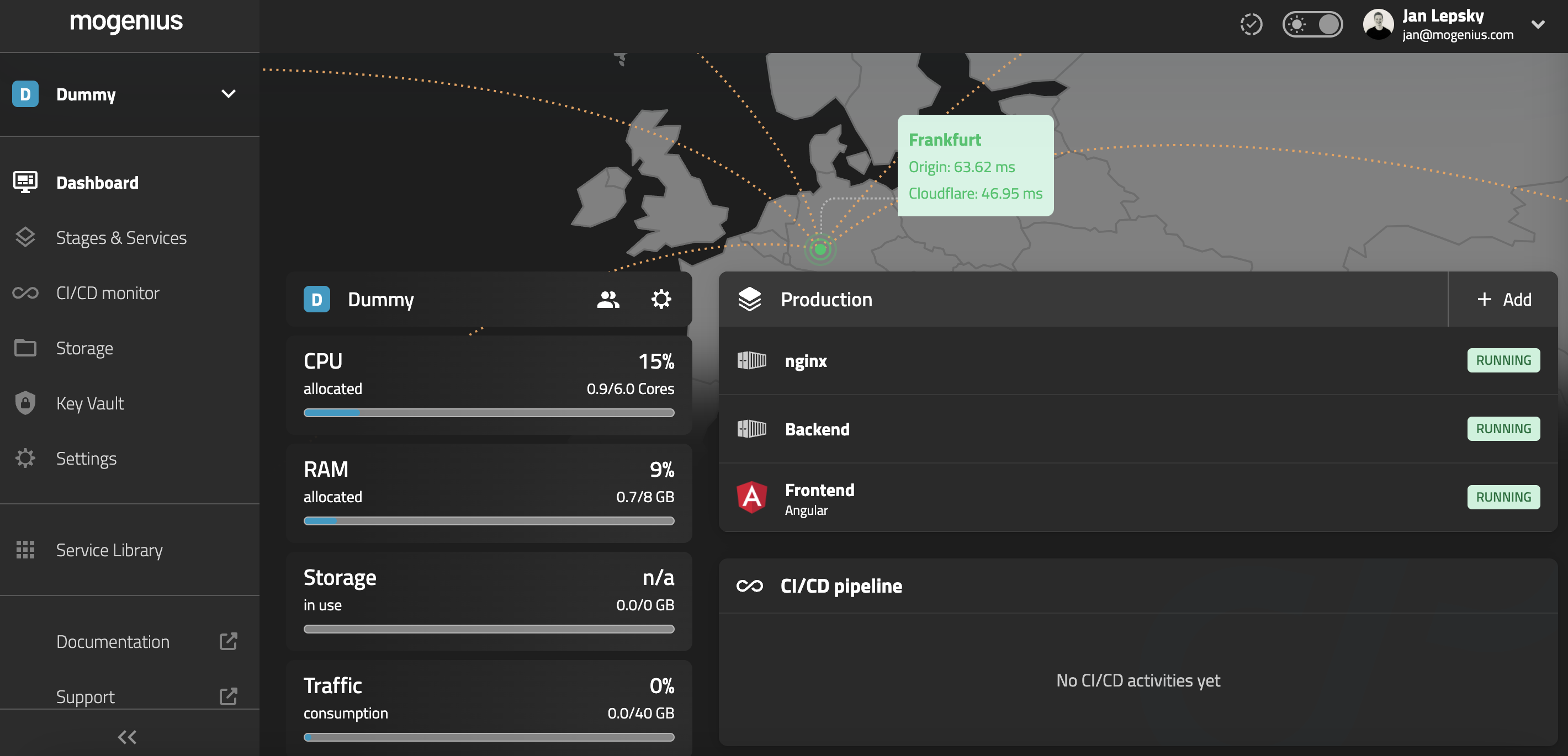 Launching services in mogenius, including creating projects, deploying container images, connecting GitHub or GitLab, and setting up a test database.