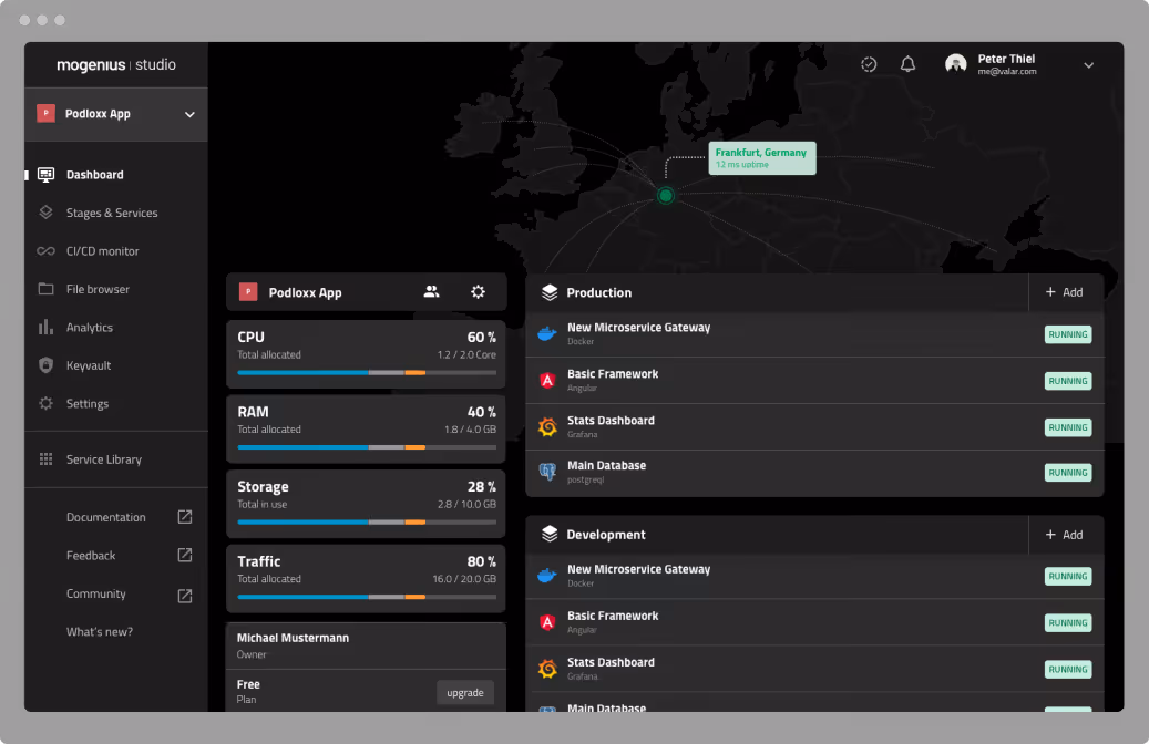 The mogenius IDP Application Dashboard provides a centralized interface for developers to manage and monitor their applications.