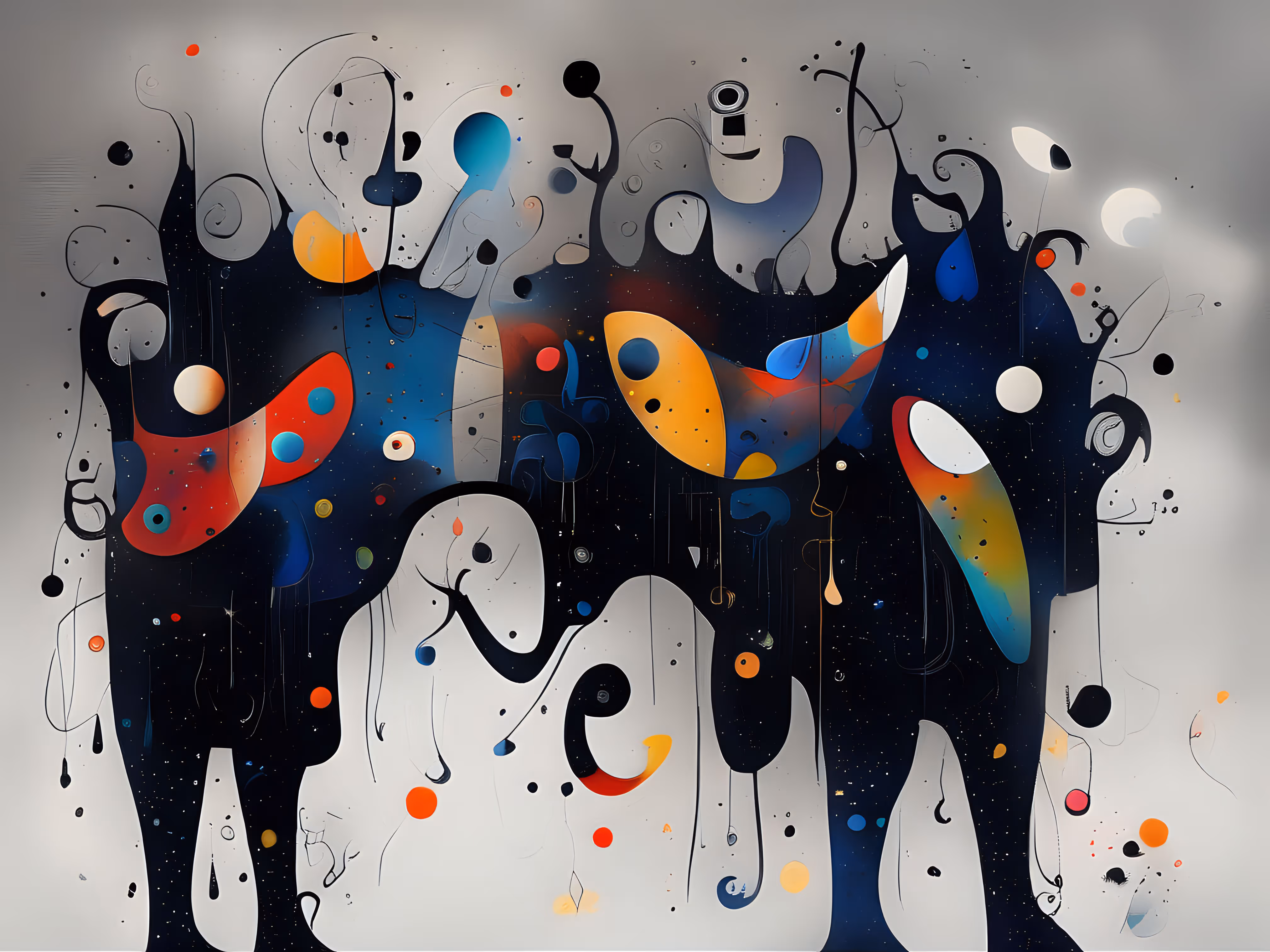 Abstract artwork featuring colorful, crescent and circular shapes against a gray background.