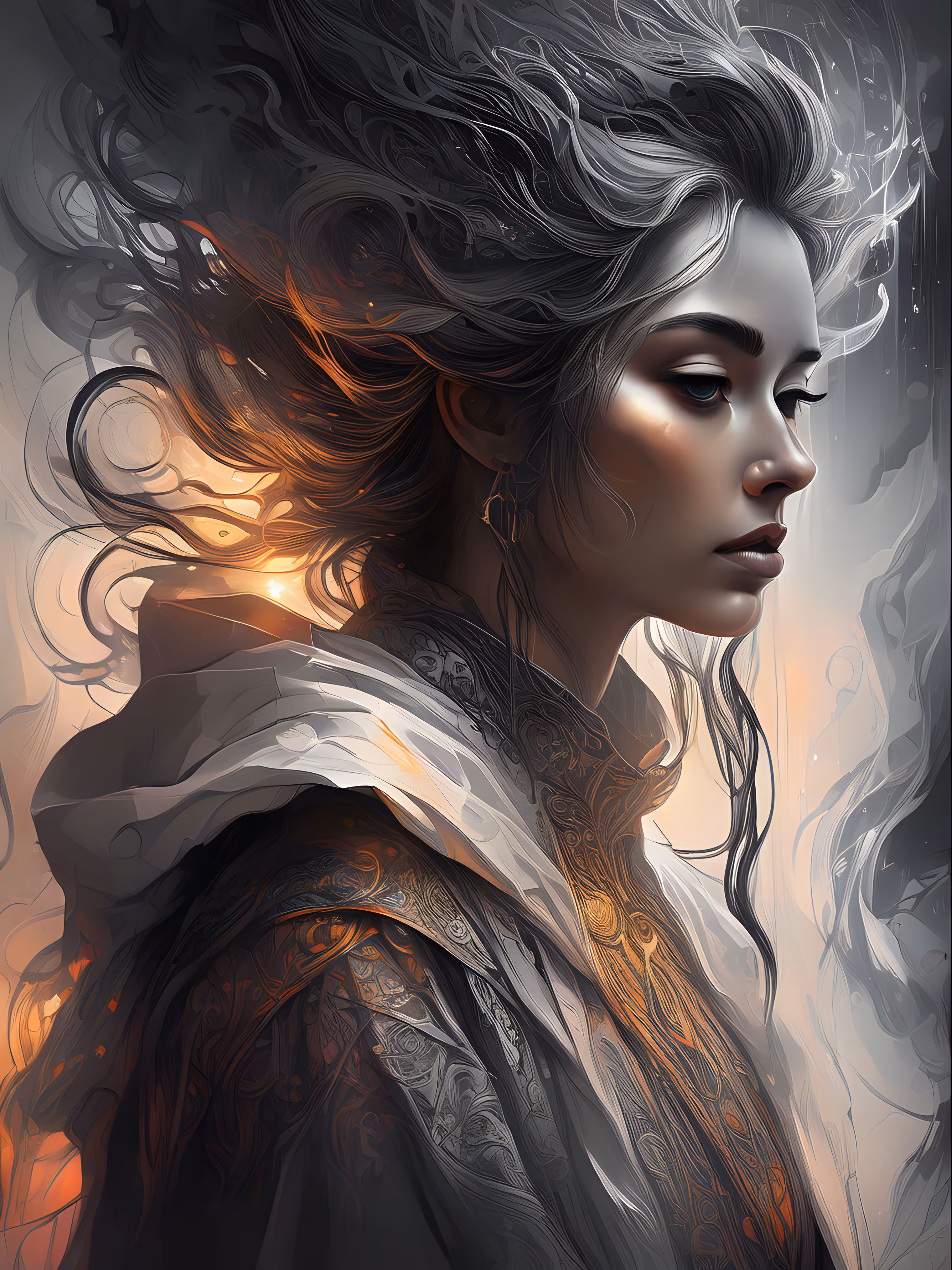 A woman with flowing hair stands in side profile, wearing detailed, patterned clothing.