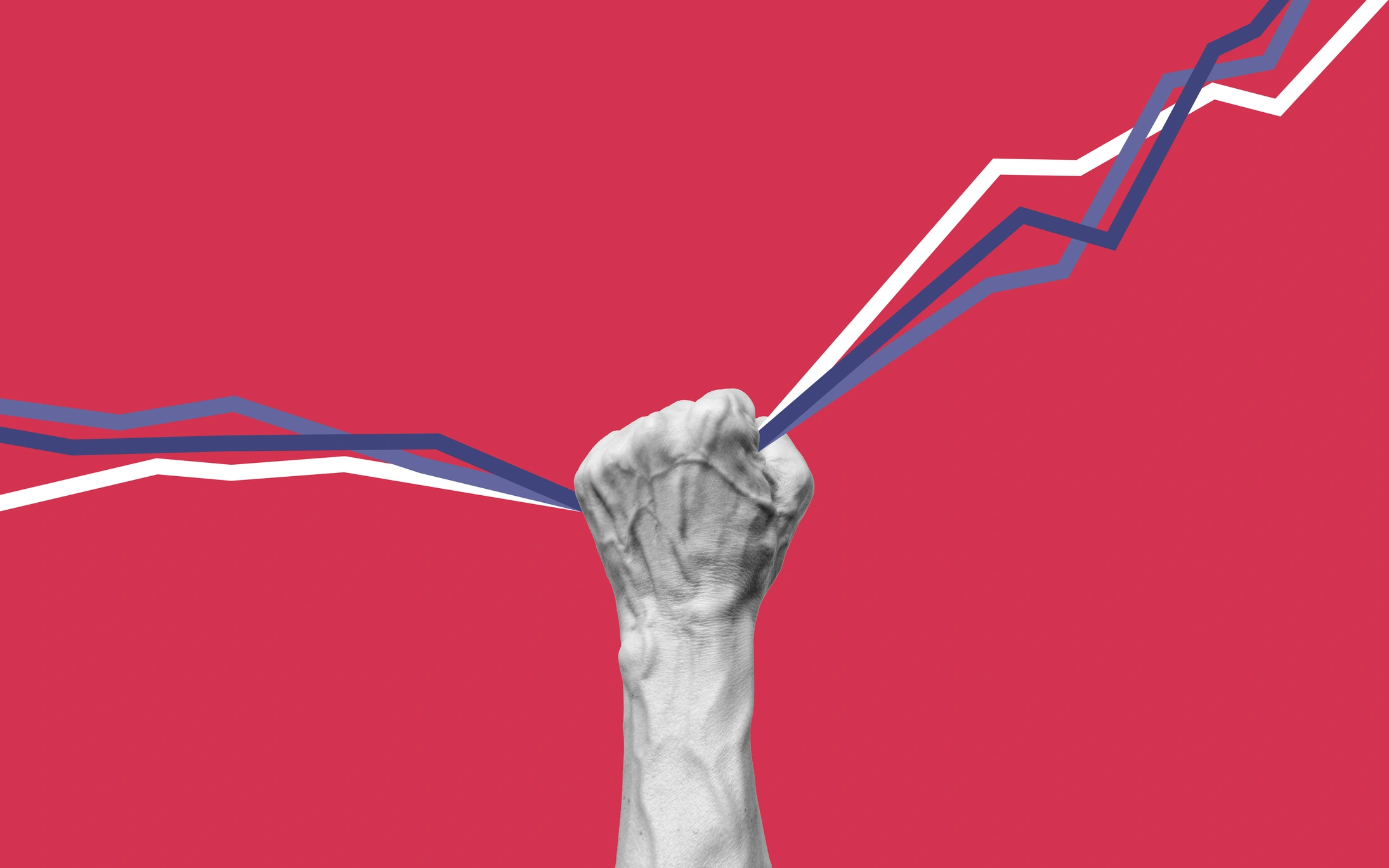 A strong hand holding up rising lines, symbolizing the struggle against increasing prices between Rizzle AI and Synthesia AI video generation platfrom