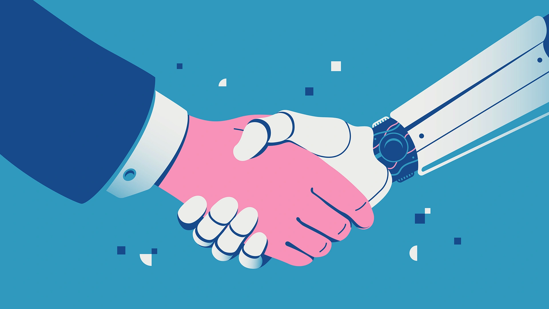 Human and AI hands shaking, symbolizing collaboration and partnership.