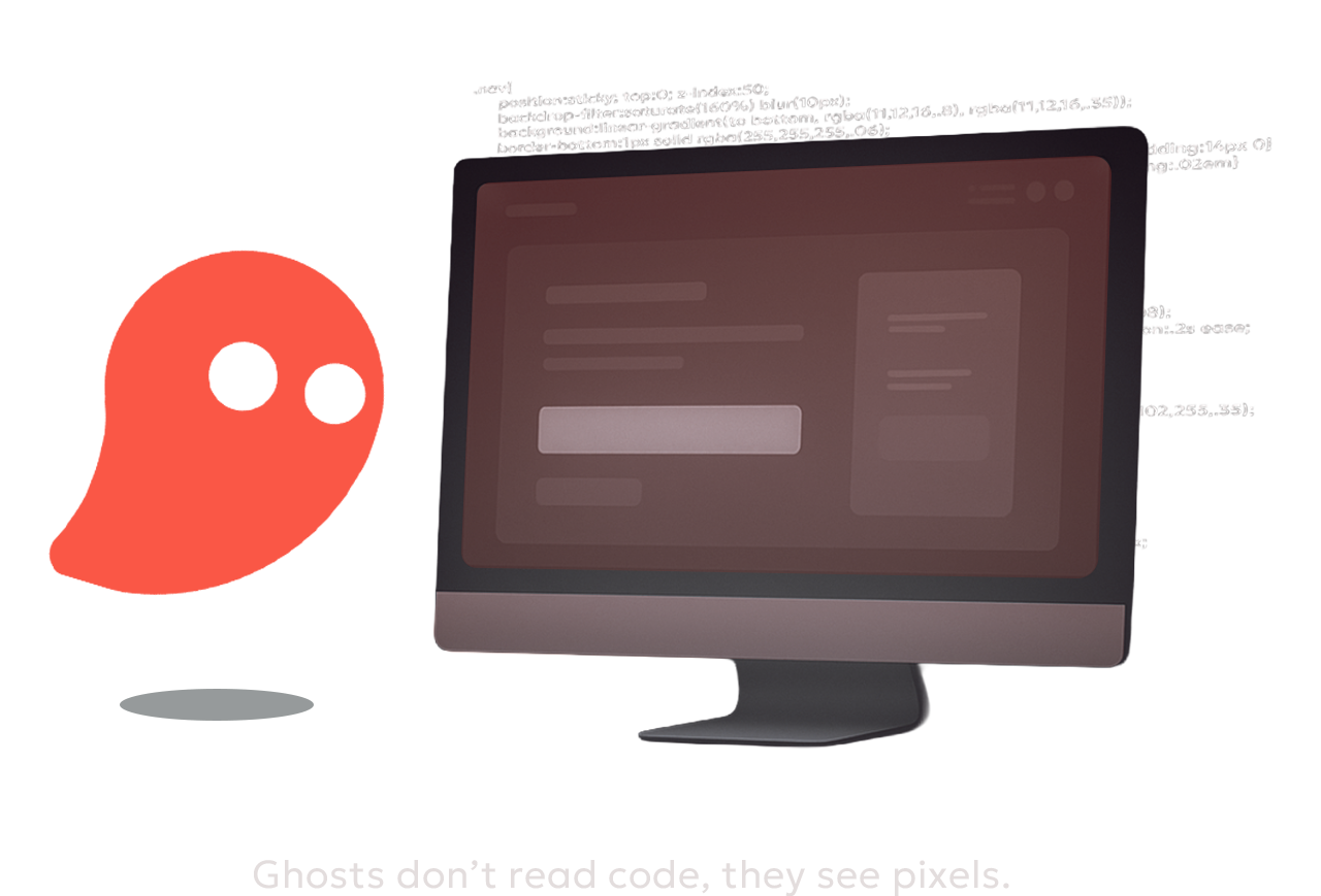 Rotes Geist-Symbol neben einem Computerbildschirm mit abstrakter Benutzeroberfläche und dem Text ‚Ghosts don’t read code, they see pixels.‘