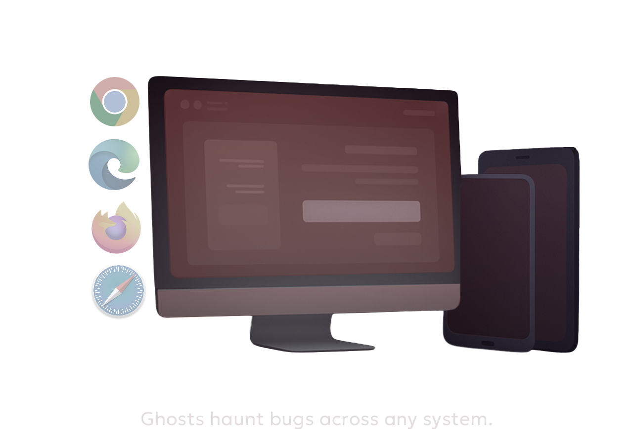 Ein Desktop-Computer, ein Smartphone und ein Tablet mit Verknüpfungen zu den Browsern Chrome, Edge, Firefox und Safari links davon.