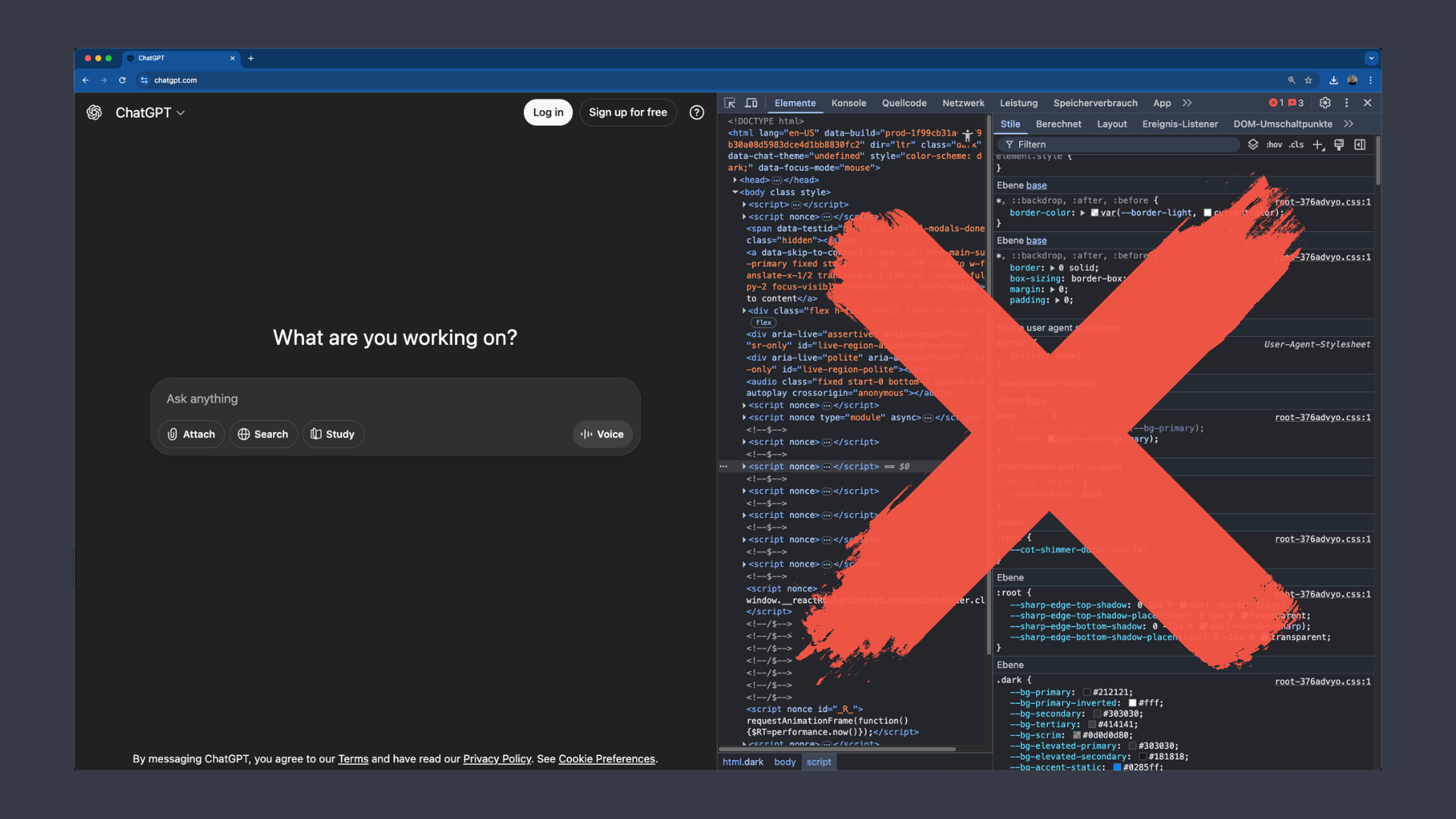 Screenshot of ChatGPT interface with a red cross overlaid on the right showing developer tools with HTML and CSS code.