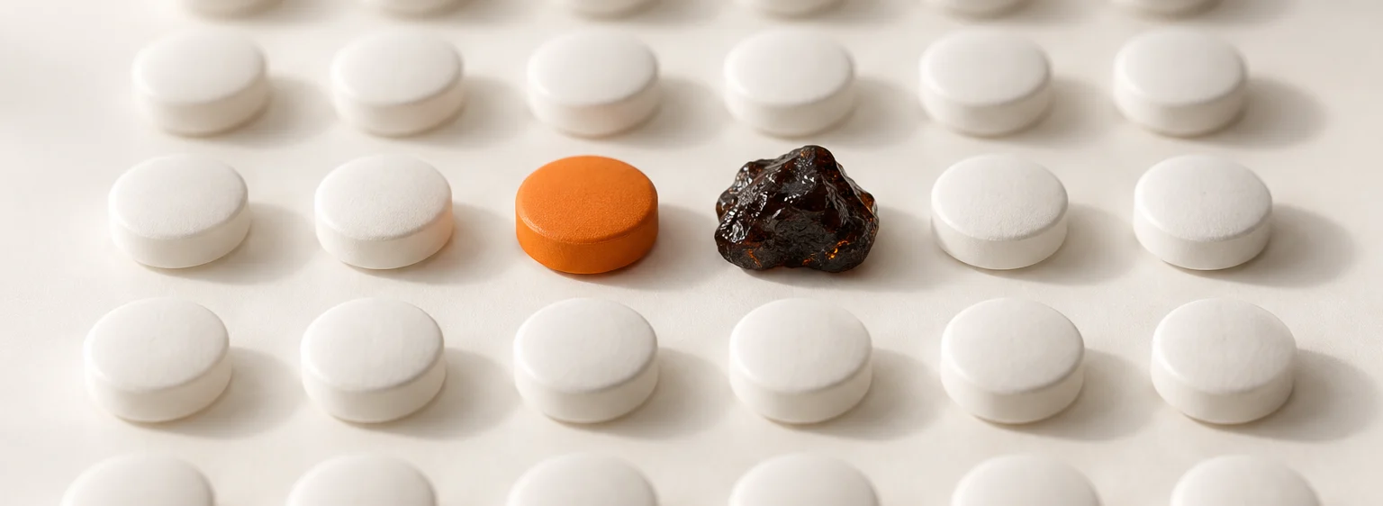 Morceau de résine de shilajit posé parmi des comprimés blancs et un comprimé orange