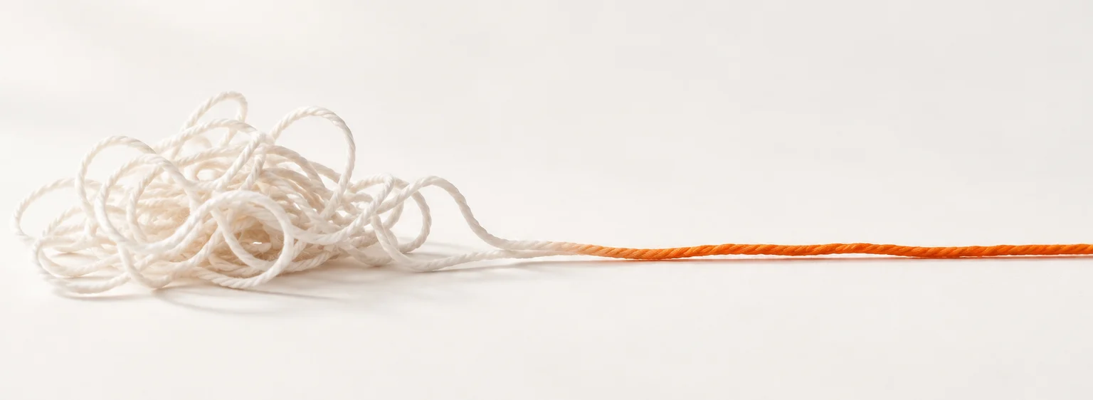 Fil emmêlé qui se dénoue en un fil orange tendu, image du stress qui retombe