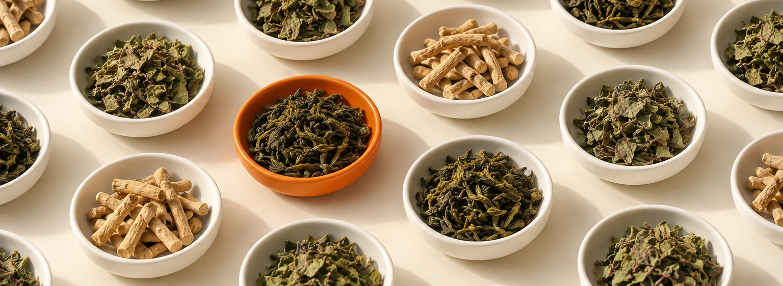 Coupelles de thé vert, racines d'ashwagandha et basilic sacré, dont une coupelle orange