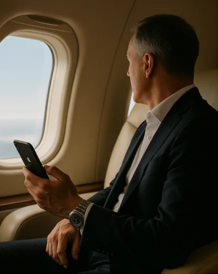 A man sitting in an airplane looking at his cell phone.