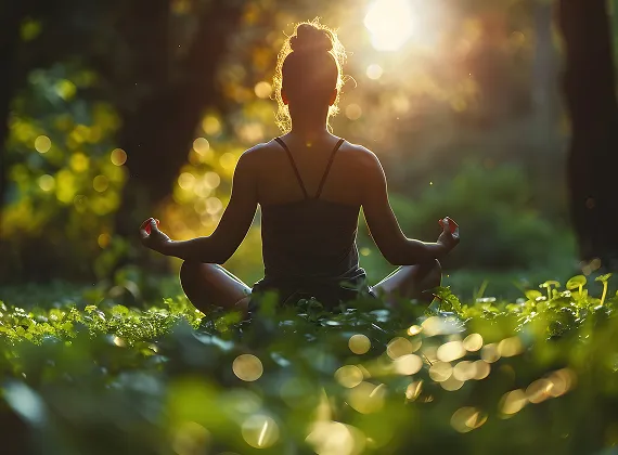 Person sitting cross-legged in meditation outdoors with sunlight filtering through trees.