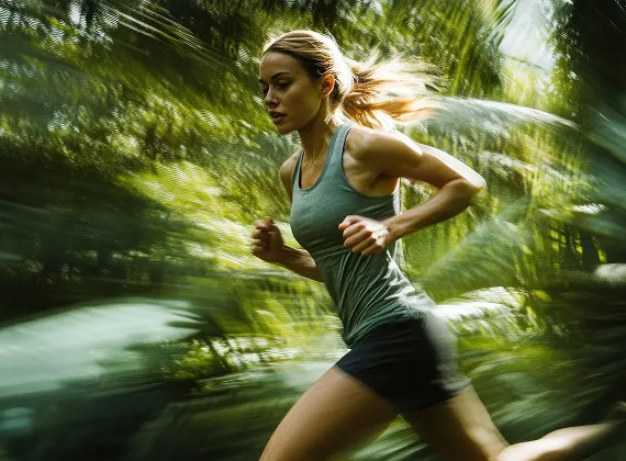 Athletic woman running fast through a lush green forest with motion blur effect.