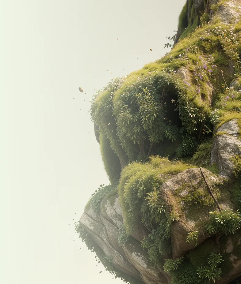 Large rock formation covered with green moss, grass, and small plants against a pale sky background.