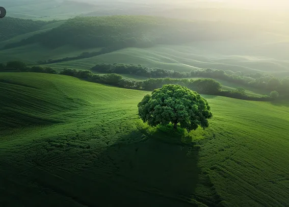 Lone tree casting a long shadow on rolling green hills under soft sunlight.