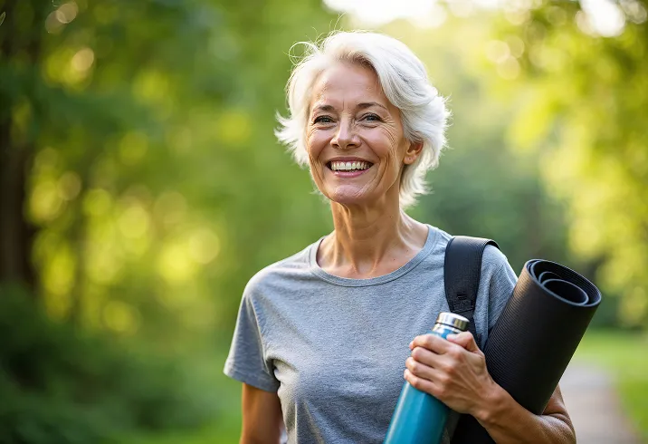 Smiling older woman outdoors holding a rolled yoga mat and a blue water bottle.