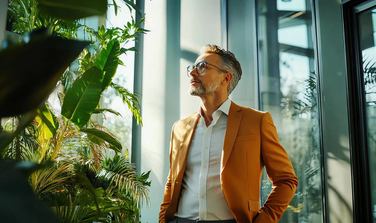 Middle-aged man with gray hair and beard wearing glasses and a mustard blazer standing indoors near large green plants and windows.