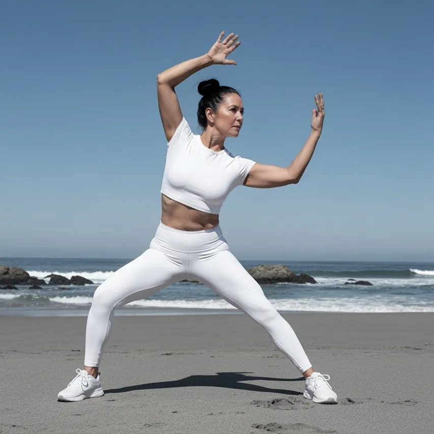 Woman in white athletic wear performing a wide-legged yoga pose on a sandy beach with ocean waves and rocks in the background.