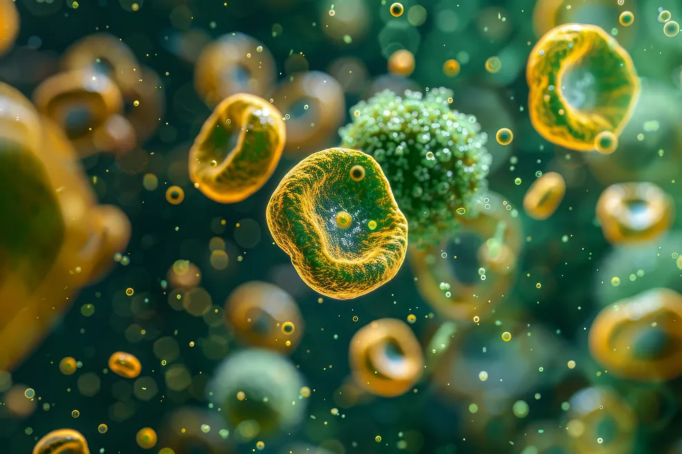 Close-up view of 3D-rendered yellow and green particles resembling cells or microscopic organisms floating in a dark background.